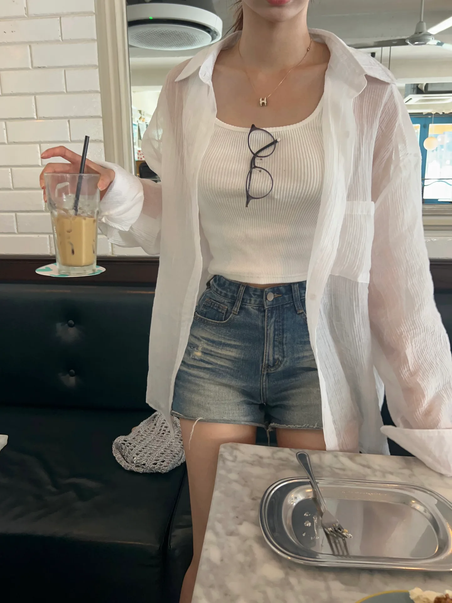 여름 지짐이 카라 단추 오버핏 루즈핏 롱 얇은 남방 셔츠 장마룩 - sh 상세 13