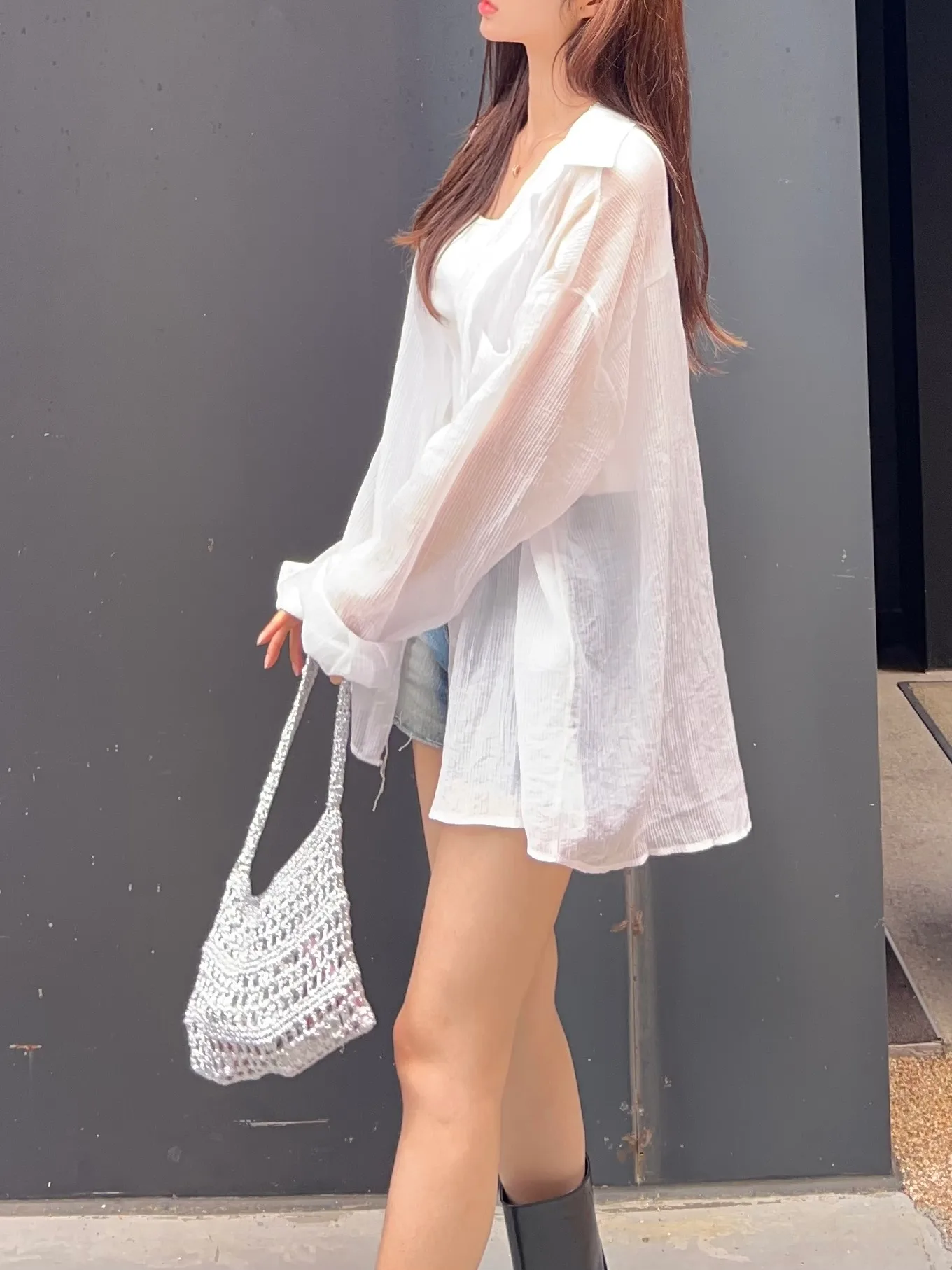 여름 지짐이 카라 단추 오버핏 루즈핏 롱 얇은 남방 셔츠 장마룩 - sh 상세 19