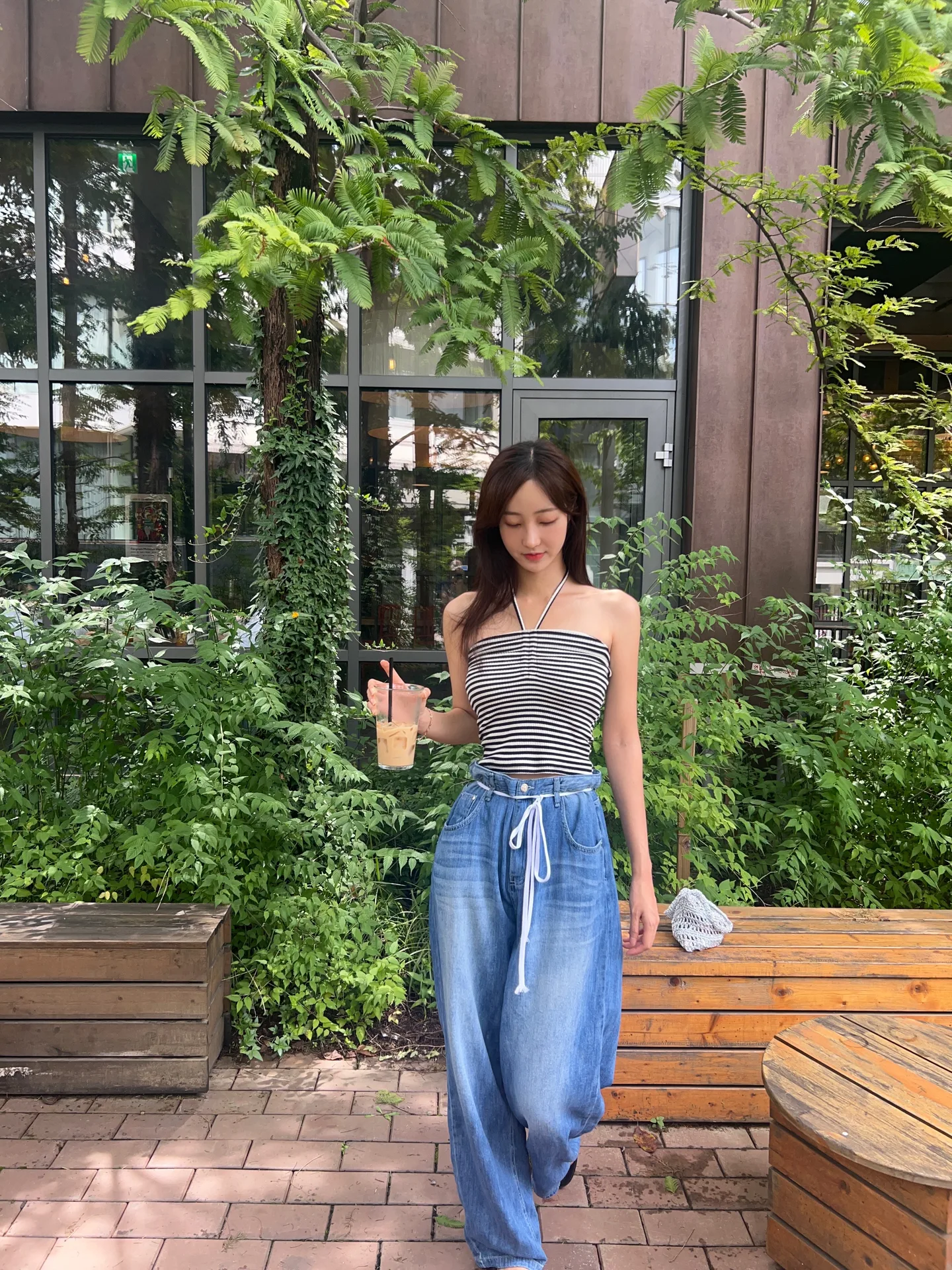 단가라 탑 홀터넥 오프숄더 여름 썸머 스트랩 세미 크롭 나시 - tee