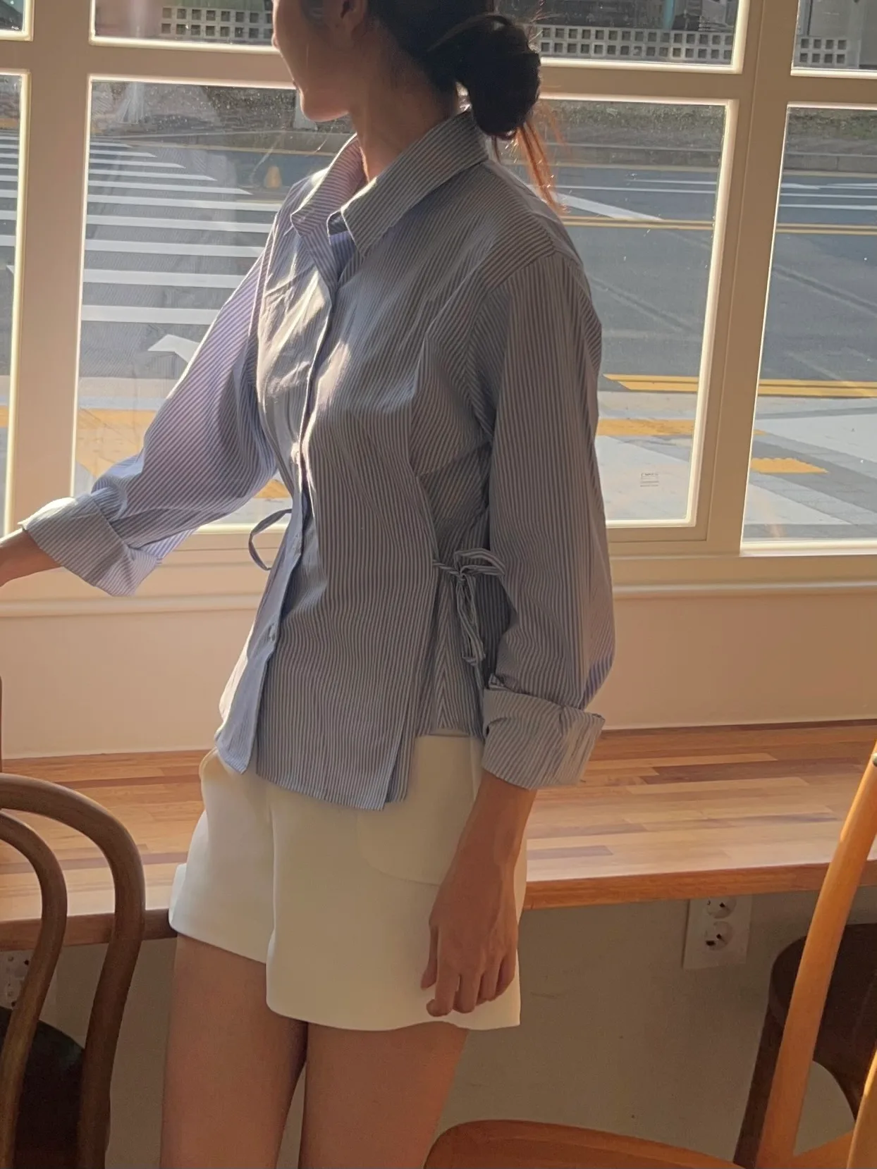 투톤 루즈핏 카라 옆리본 스트라이프 남방 셔츠 - sh 상세 11