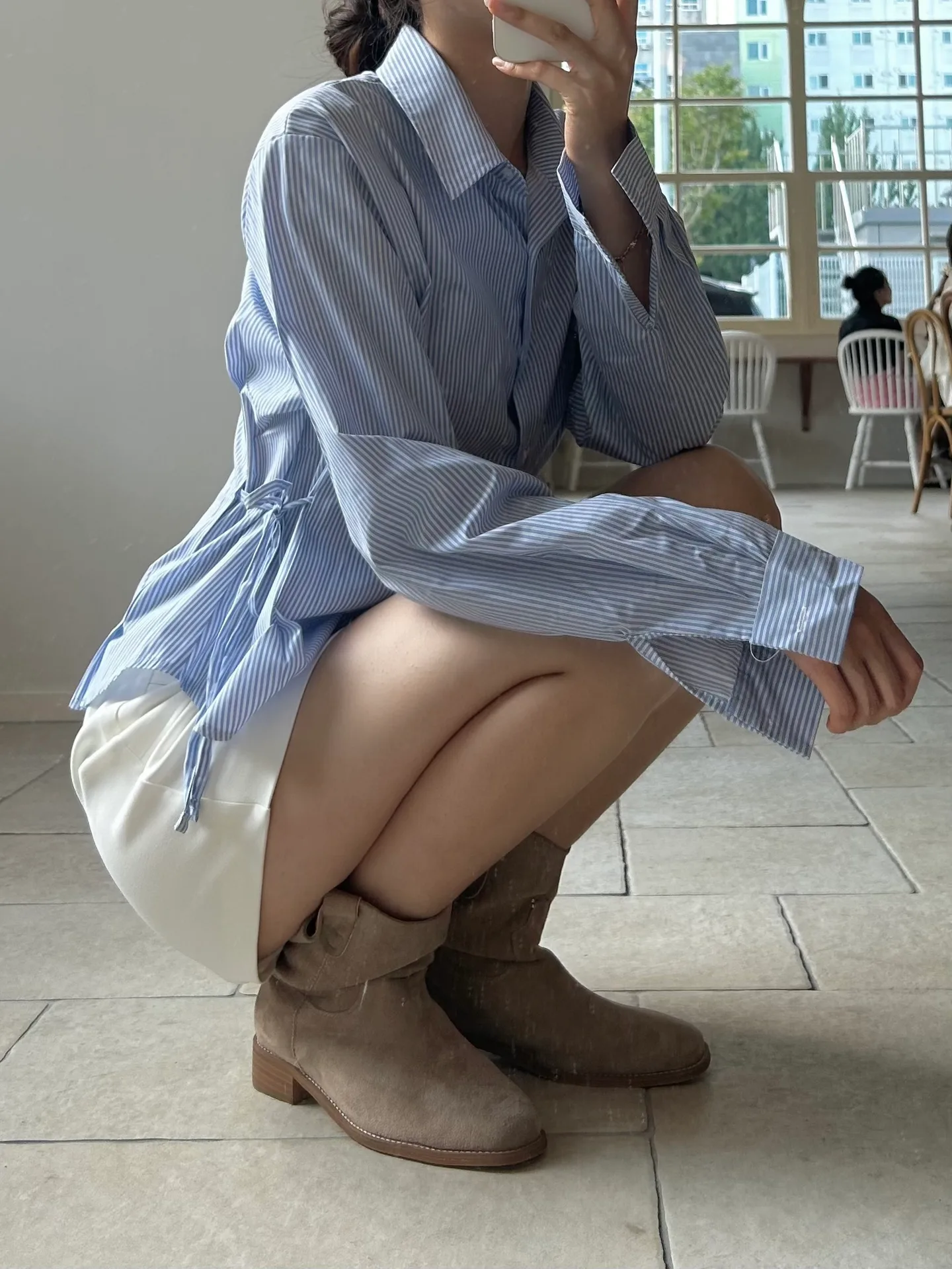 투톤 루즈핏 카라 옆리본 스트라이프 남방 셔츠 - sh 상세 14