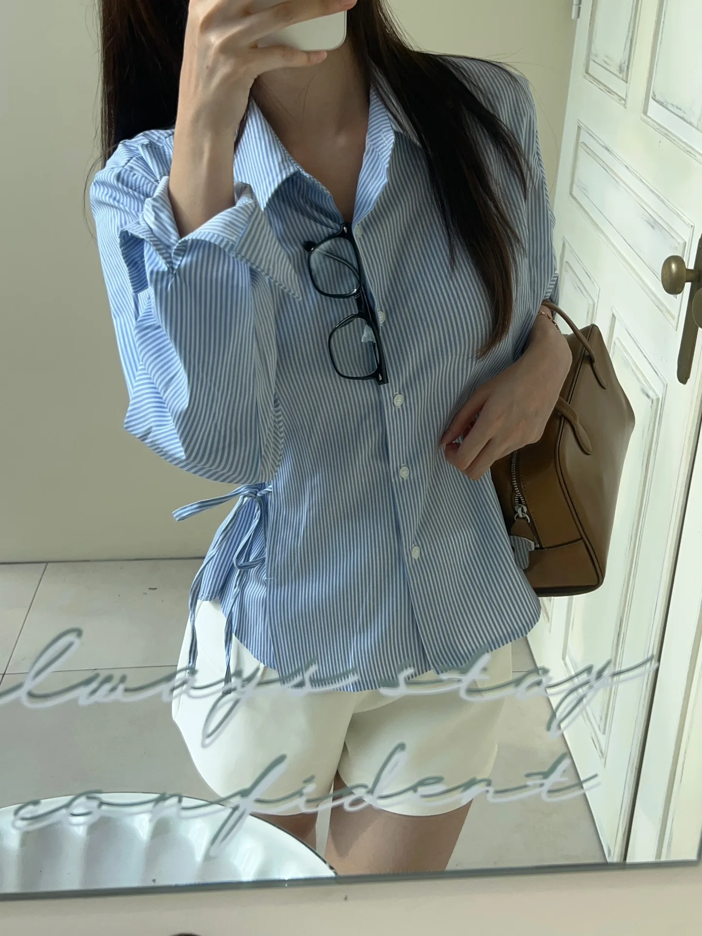 투톤 루즈핏 카라 옆리본 스트라이프 남방 셔츠 - sh 상세 15