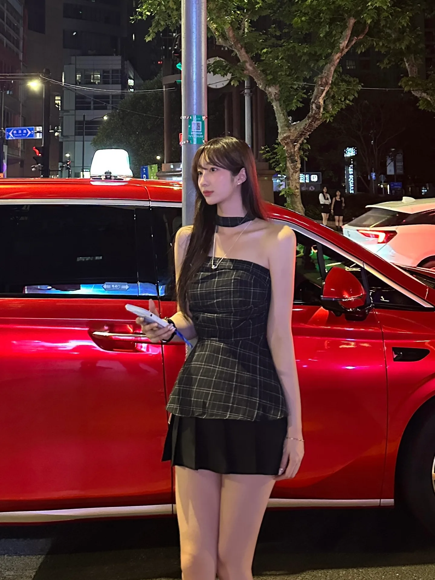 체크 머플러 세트 플레어 가슴셔링 밴딩 스모크 탑 블라우스 - bl