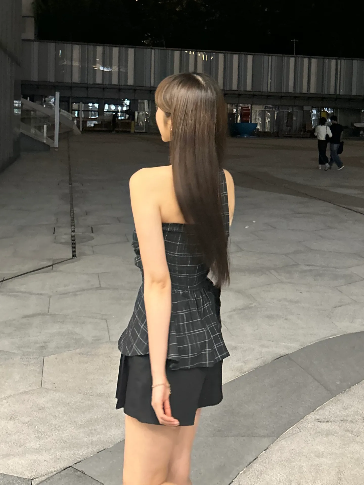 체크 머플러 세트 플레어 가슴셔링 밴딩 스모크 탑 블라우스 - bl 7